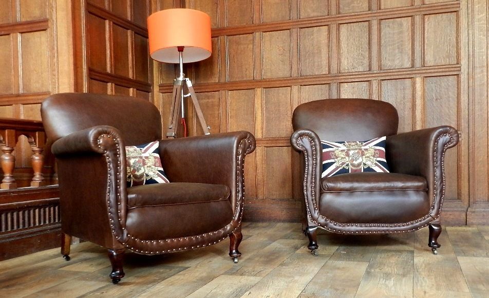F50 1029 Pair Of Antique Cigar Brown, Leather Library Club Chairs