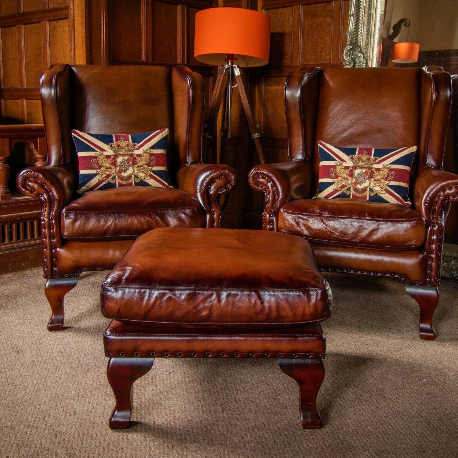 F501318 PAIR TETRAD COMPTON JOHN LEWIS BROWN LEATHER CHESTERFIELD