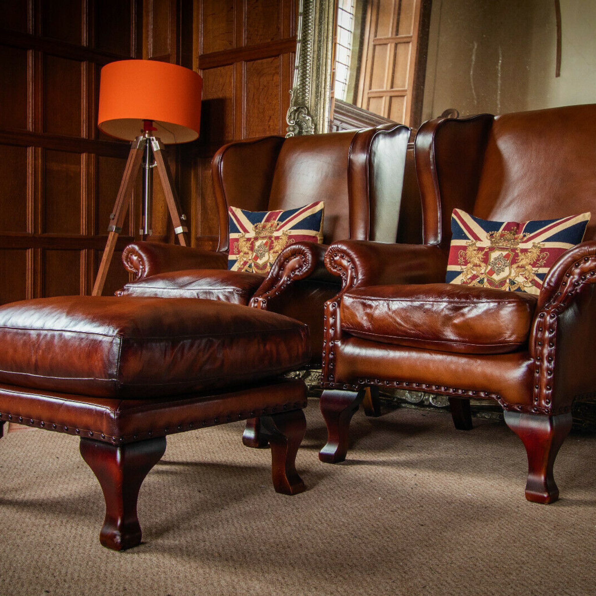F501318 PAIR TETRAD COMPTON JOHN LEWIS BROWN LEATHER CHESTERFIELD