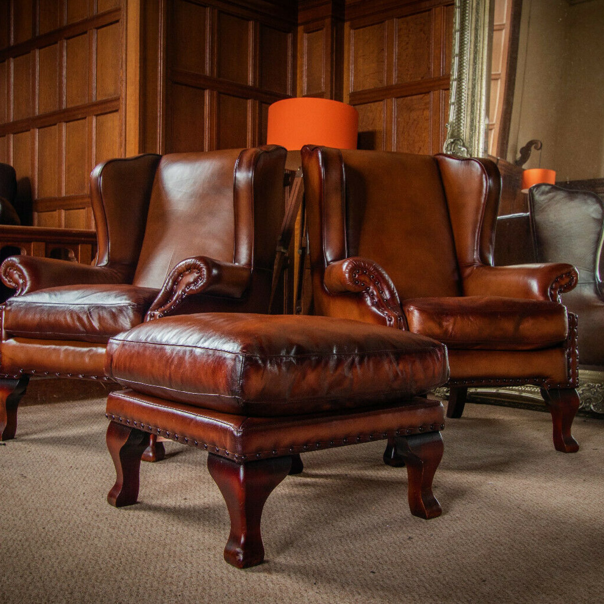 F501318 PAIR TETRAD COMPTON JOHN LEWIS BROWN LEATHER CHESTERFIELD